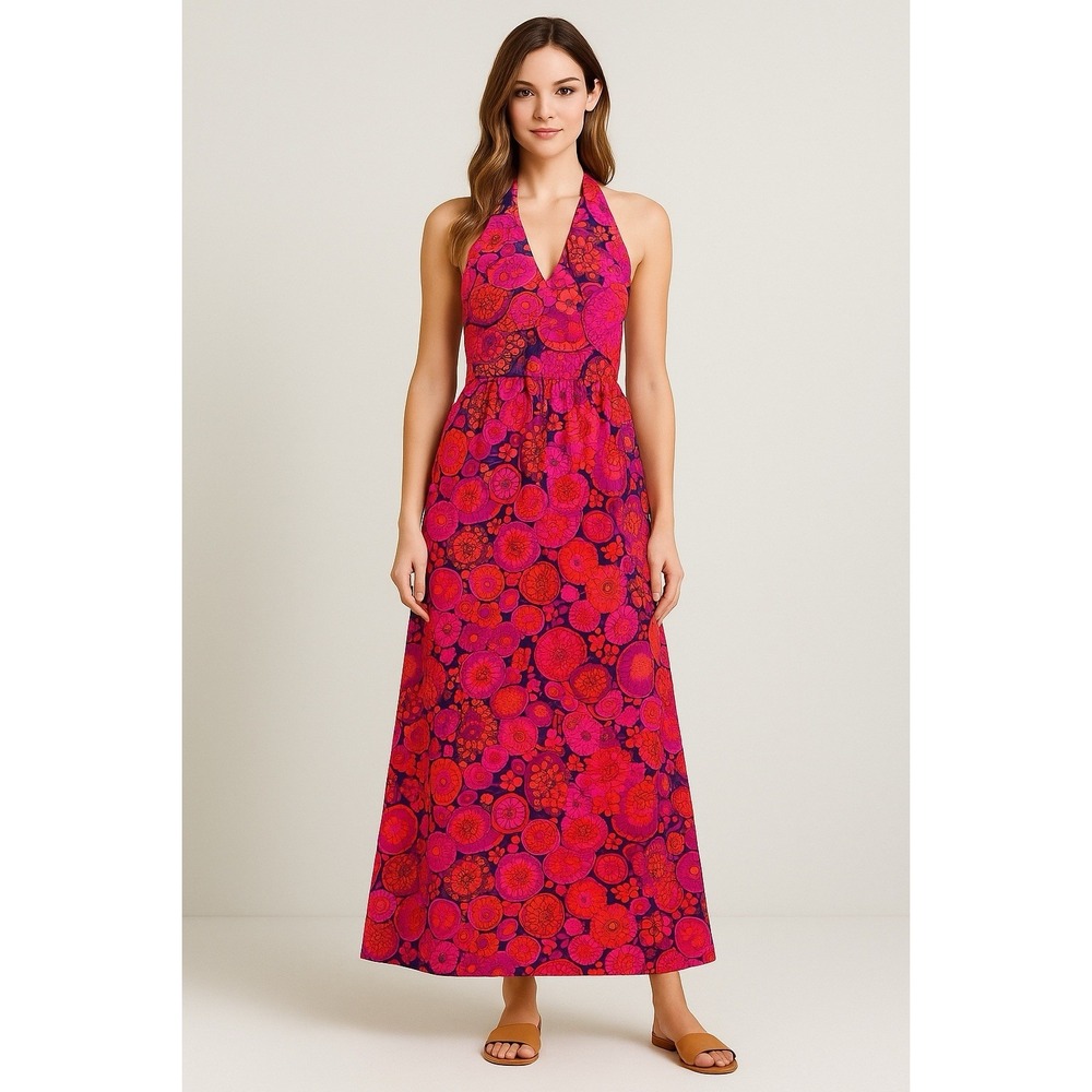 Vintage 70s Halter Maxi Dress Psychedelic Floral Boho Hippie Festival Small